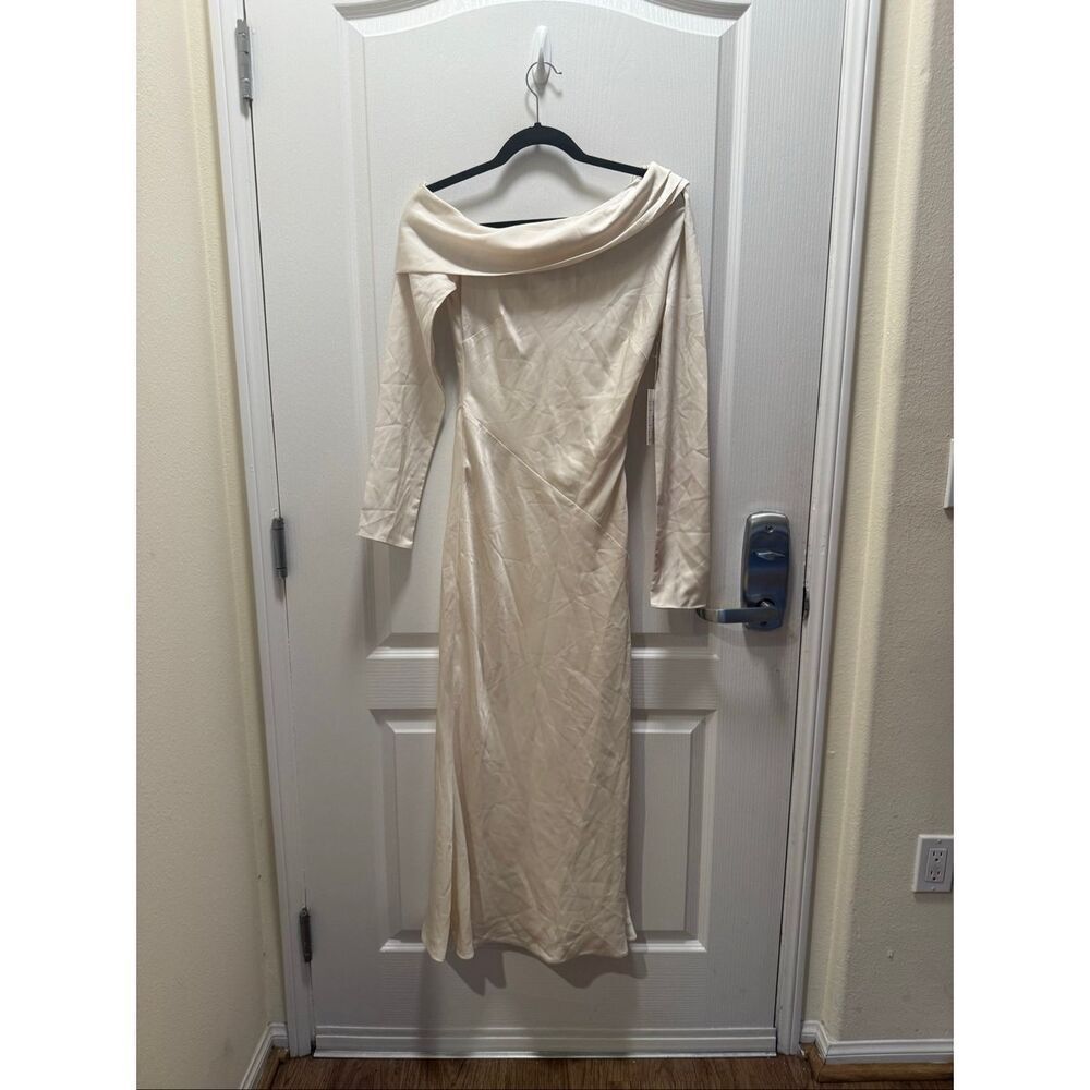 NIA Claire Asymmetrical off-shoulder neckline Slip Midi Dress size S NWT$118 - Picture 2 of 7